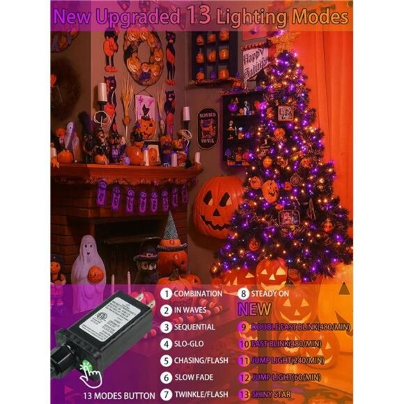 13 Modes Orange and Purple Halloween Decoration Outdoor Indoor Tree Lights - Picture 3 of 7